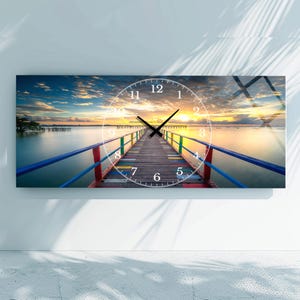 Landscape Tempered Glass Wall Clock Lake Pier,Extra Large Glass wall Clock, Glass Wall Decor, Landscape Wall Clock, Big Modern Home Decor