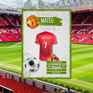 Invitation d'anniversaire Manchester United, modèle d'anniversaire Manchester United modifiable, invitation d'anniversaire de football, faire-part de fête de football