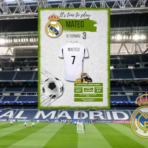 Faire-part d'anniversaire du Real Madrid | Modèle de toile de football modifiable | Invitation à une fête de football | Téléchargement numérique et imprimable |