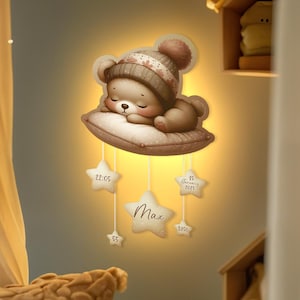 Wooden Bear Night Light for Kids, Kids Wall Night Light, Bear Design Nursery Lamp With Hanging Stars, Sleeping Animal Nightlight Baby Gift