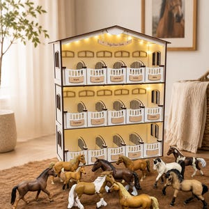 Light Up Toy Horse Barn, 3 Story Stable with 15 Stalls, Horse Figurine Display and Storage, Custom Name Wooden Playset, Horse Lover Gift