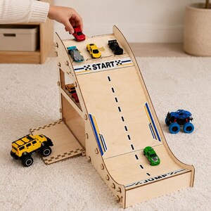 Wooden Car Ramp Toy with Push Button Launcher, Car Ramp Racer for Kids, Toy Car Garage and Parking Playset, Montessori  Toy, Christmas Gift