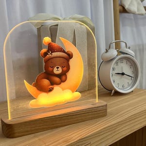 Bear On Moon Night Light, Kids Bedroom Decor, Cozy LED Lamp for Nursery, Baby Shower Gift, 1st Birthday Gift, Custom Engraved Night Lamp