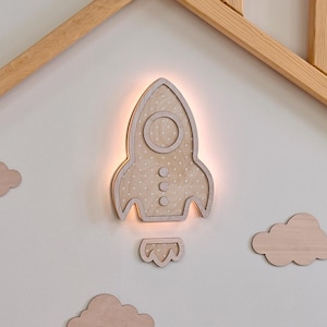 Wooden Rocket Night Light for Kids, Space Nursery Decor Lamp, Battery Powered LED Wall Lamp, Rocket Ship Room Lighting, Baby Boy Gift Idea