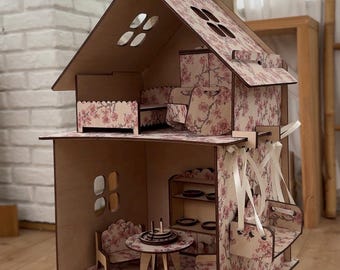 DIY Wooden Dollhouse, Handmade Two Storey Toy House, Floral Miniature House for Kids, Montessori Eco Wooden Toy, Gift for Toddler Girl
