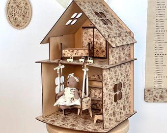 Casa de muñecas de madera con columpio, casa de muñecas en miniatura para niños, juguete Montessori, decoración floral para guardería, regalo de cumpleaños para niña, decoración para habitación infantil.