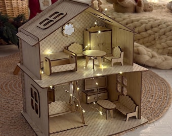 Personalized Wooden Dollhouse with Furniture, Custom 2 Story DIY Miniature Playhouse, Floral Toy House, Birthday Gift for Granddaughter