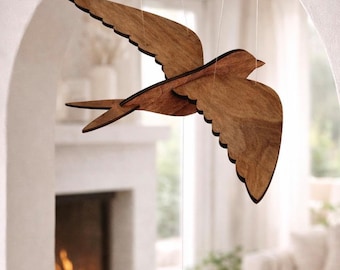 Hölzerne Schwalbe Mobile, Hölzerne Vogel Kinderzimmer Mobile, Minimalistische Decke Mobile, Skandinavische Schlafzimmer Dekoration, Japandi Wohnzimmer Kunst