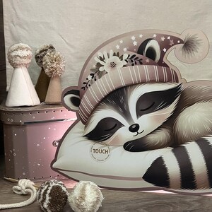 LED Night Light with Sleeping Raccoon, Nursery Wall Lamp for Kids, Woodland Animal Decor, Soft Glow Lamp, Baby Shower Gift Idea