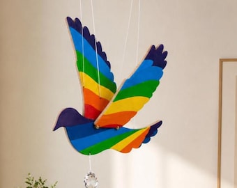 Móvil de pájaros arcoíris, pájaro cinético de madera, decoración colgante colorida, acento moderno para el hogar, móvil de techo, idea de regalo hecha a mano, móvil de pájaros en movimiento