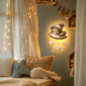 Wooden Bear Night Light for Kids, Nursery LED Lamp with Warm Light, Custom Size, Sleeping Animal Nightlight Baby Gift