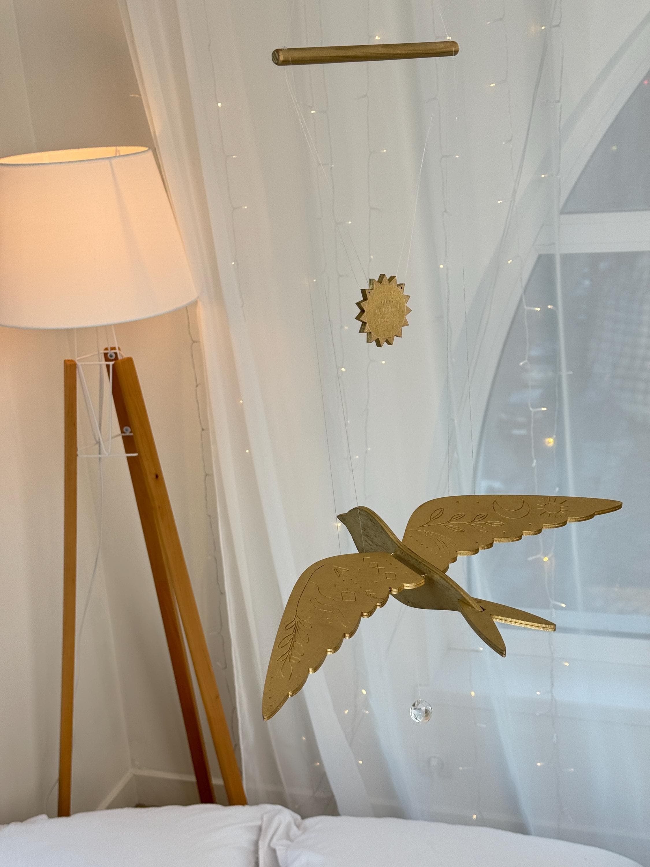 Wooden Bird Nursery Mobile, Personalized Baby Crib Mobile, Flying Swallow Ceiling Decor, Montessori Nursery Gift, Baby Room Hanging