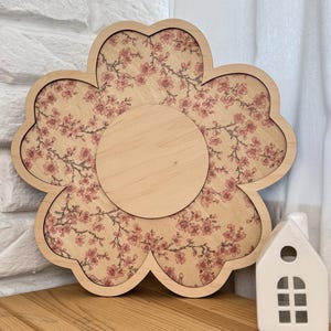 Kids Flower Wall Light, LED Night Light for Nursery or Bedroom, Vintage Blue Floral Pattern Lamp, Wooden Light Decor for Girls