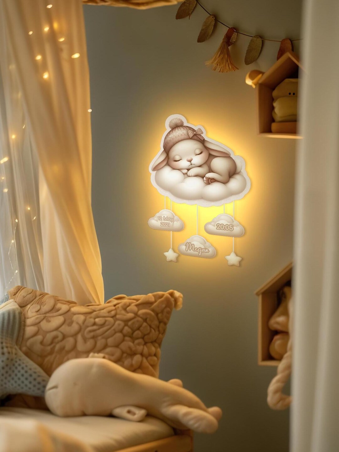 Wooden LED Night Light Bunny on Cloud, Nursery Wall Lamp, Baby Room ...