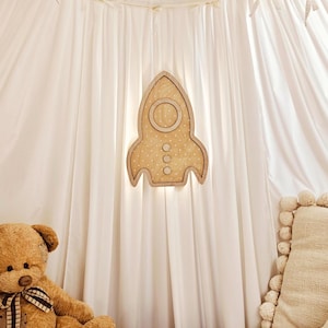Rocket Wall Lamp for Outer Space Nursery, Wooden LED Night Light with Sensor, Rechargeable Space Decor Light for Toddler Room