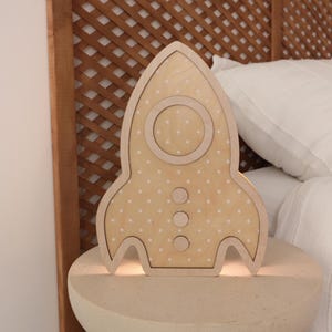 Wooden Rocket Night Light for Kids, LED Rocket Ship Nursery Lamp, Printed Wall Light with Battery and Touch Sensor