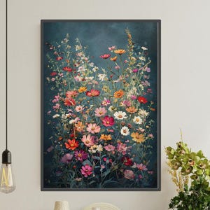 Wildflower Field Wall Art, Botanical Floral Canvas Print, Dark Green Vintage Wall Decor, Boho Farmhouse Art for Living Room or Bedroom