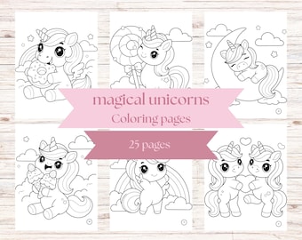Può includere: Un set di 25 pagine da colorare con unicorni magici in varie pose, tra cui un unicorno che mangia una ciambella, un unicorno che tiene una lecca-lecca, un unicorno che dorme su una luna crescente, un unicorno che tiene coni gelato e due unicorni che si tengono per mano. Le pagine sono in bianco e nero e sono pronte per essere colorate.
