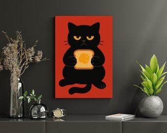 Funny Black Cat Wall Art - Toast Cat Printable Poster - Whimsical Kitchen Decor for Cat Lovers - Digital Download Cat Illustration