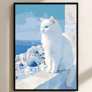 サントリーニ島の猫のアートプリント - ギリシャ島の装飾、ギリシャのコテージスタイルのウォールアート、猫好きへのギフト、ギリシャのポスター、サントリーニ島のドアの絵。