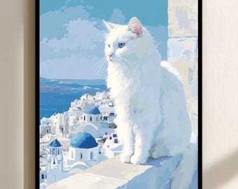 ギリシャ・サントリーニ島の野良猫の水彩画、ギリシャの島のかわいい