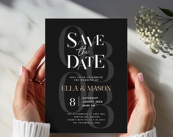 Moderne schwarze Save The Date-Vorlage, minimalistische Hochzeitseinladung (Digital Download, Canva Editable, 5x7 Zoll)