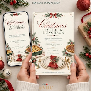 May include: A digital invitation for a Christmas Potluck Luncheon displayed on a smartphone and a printed card. The design features red bows, pine branches, a casserole dish, a pie, and a red napkin on a plate with text details.