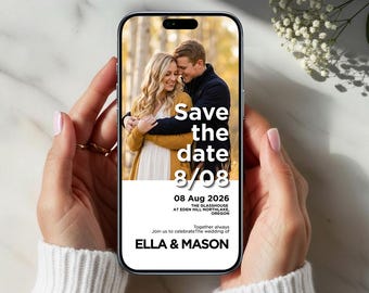 Digitale Save the Date Hochzeitsvorlage mit Foto – Minimalistische Hochzeits-ecard, iPhone Einladung