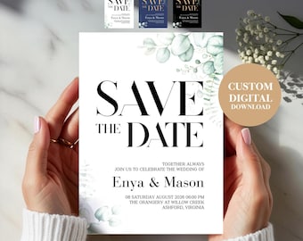 Custom Greenery Wedding Invitation, Save the Date Wedding Template, Editable Botanical Invite