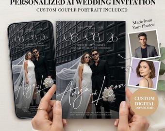Benutzerdefinierte Hochzeitseinladung mit AI Paar Porträt, personalisierte digitale Einladung, kein Fotoshooting erforderlich, Save the Date