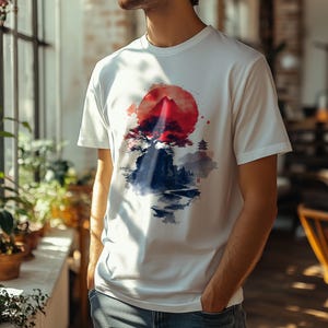 Japanese Zen Landscape T-Shirt: Red Sun, Bonsai Tree Art