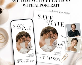 Personlig bröllopsinbjudan med AI-porträtt | Anpassad spara-datum-inbjudan