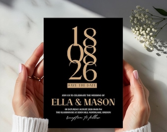 Modern Black Save The Date Template, Minimalist Wedding Invitation (Digital Download, Canva Editable, 5x7 inches)