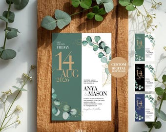 Custom Greenery Wedding Invitation, Save the Date Wedding Template, Editable Botanical Invite