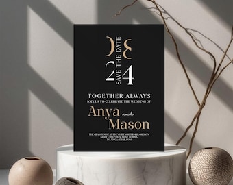 Moderne schwarze Save The Date-Vorlage, minimalistische Hochzeitseinladung (Digital Download, Canva Editable, 5x7 Zoll)