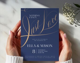 Nichts Besonderes Just Love Einladung Vorlage - Bearbeitbare Canva - Blau und Gold Script Sofortiger Download