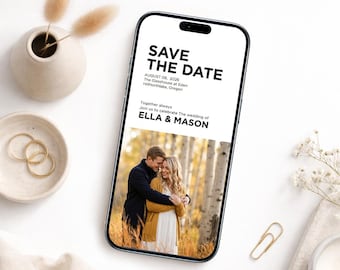 Digitale Save the Date Hochzeitsvorlage mit Foto - Minimalistische Hochzeits-ecard, iPhone Einladung