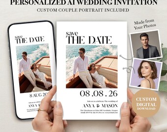 Custom Wedding Photo Invitation, Personalized AI Couple Portrait, Digital Save the Date, No Photoshoot Needed