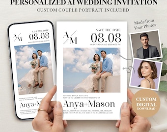 Invito di nozze personalizzato con foto, ritratto di coppia personalizzato con intelligenza artificiale, Save the Date digitale, non è necessario un servizio fotografico.