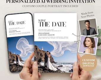 Custom Wedding Photo Invitation, Personalized AI Couple Portrait, Digital Save the Date, No Photoshoot Needed