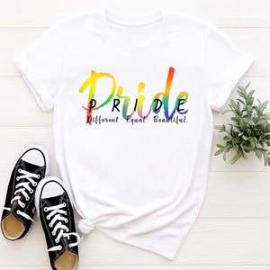 Rainbow Pride T-Shirt, LGBTQ+ Pride Brush Font Tee, Minimalist Rainbow Script Shirt, Gay Pride Month Graphic Tee, Equality Support Shirt