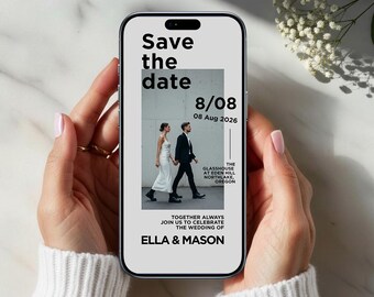 Digitale Save the Date Hochzeitsvorlage | Hochzeits-Magazin-Cover-Stil | Moderne Minimal Canva Digitale Einladung