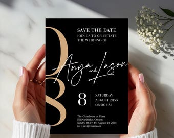 Moderne schwarze Save The Date-Vorlage, minimalistische Hochzeitseinladung (Digital Download, Canva Editable, 5x7 Zoll)