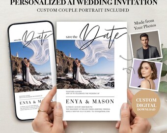 Custom Wedding Photo Invitation, Personalized AI Couple Portrait, Digital Save the Date, No Photoshoot Needed