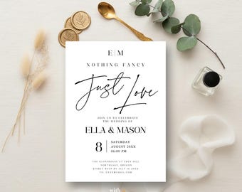 Inbjudningsmall för "Inget märkvärdigt", bara kärlek - redigerbar Canvas - vitt manus direktnedladdning