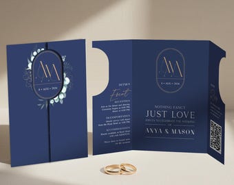 Monogramm Hochzeitseinladung Set Vorlage | Marineblau gefaltet einladen mit QR-Code | Just Love Elegantes Design | Bearbeitbare Canva Vorlage