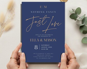 Inbjudningsmall för "Inget märkvärdigt", bara kärlek - redigerbar Canvas - blått och guldigt manus direkt nedladdning