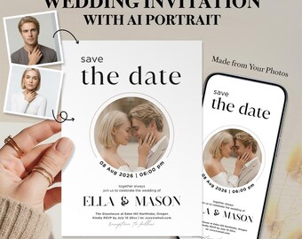 Personlig bröllopsinbjudan med AI-porträtt | Anpassad spara-datum-inbjudan
