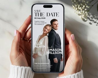 Digitale Save the Date Hochzeitsvorlage | Hochzeits-Magazin-Cover-Stil | Canva Digitale Einladung