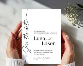 Moderne schwarze Save The Date-Vorlage, minimalistische Hochzeitseinladung (Digital Download, Canva Editable, 5x7 Zoll)